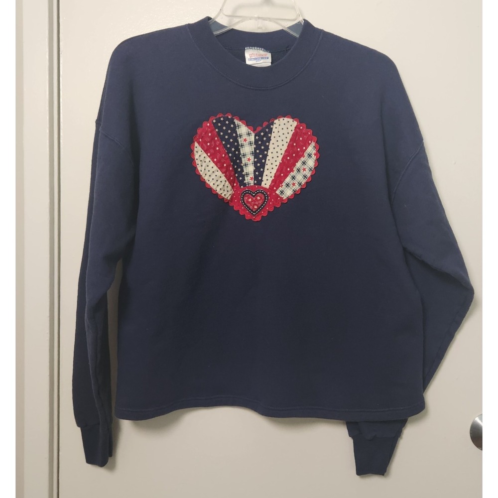 Vtg Hanes Womens Farmhouse Quilt Heart Patch Sweatshirt Blue Cottagecore Large‎